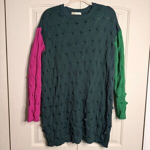 eShakti Green and Pink Color Block Sweater Dress